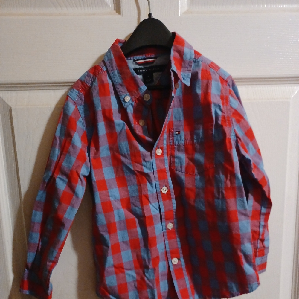 Tommy Hilfiger Box-Plaid Cotton Shirt Size 4 Red
